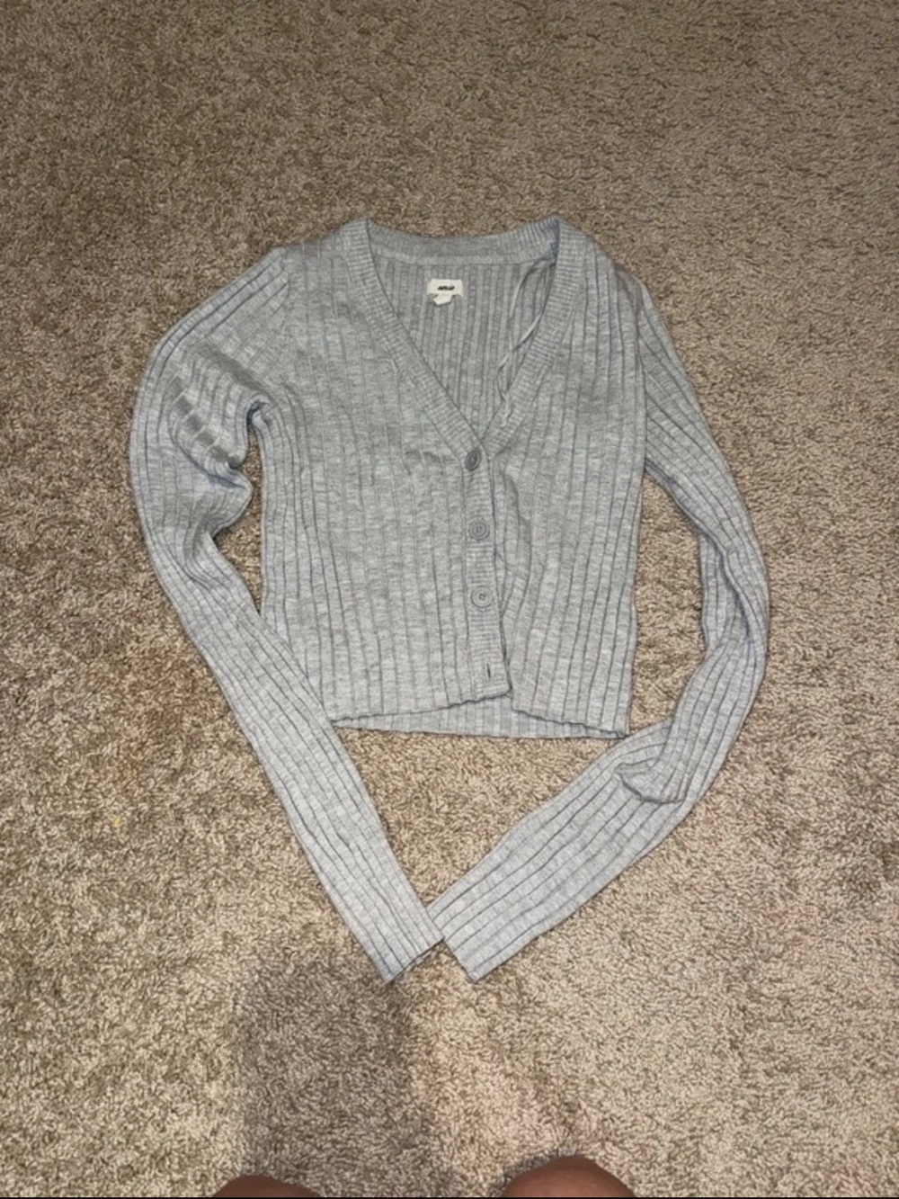 aerie Light Gray Ribbed V-Neck Button Cardigan